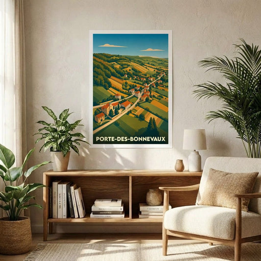 Affiche souvenir de la ville de Porte-des-Bonnevaux avec une illustration stylisée de son paysage rural.