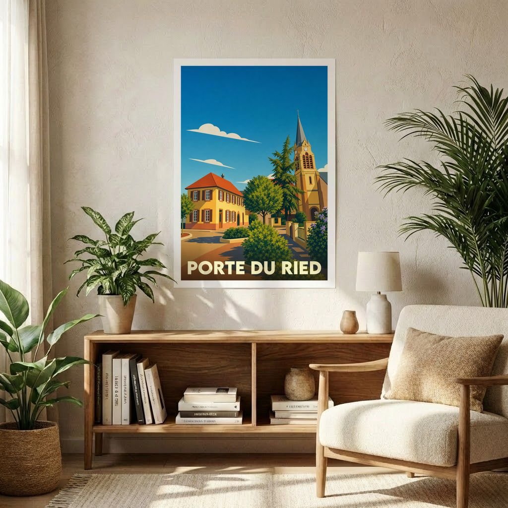 Affiche souvenir de la ville de Porte du Ried illustrant une scène de village stylisée et colorée.