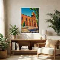 Affiche souvenir de la ville de Portet-sur-Garonne avec une illustration stylisée de son église en briques.