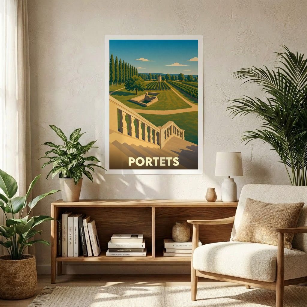 Affiche souvenir de la ville de Portets avec une illustration stylisée de vignobles et d'un escalier monumental.