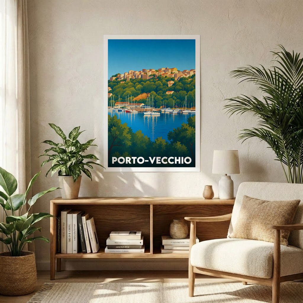 Affiche souvenir de la ville de Porto-Vecchio avec une illustration stylisée de son port et de sa vieille ville.