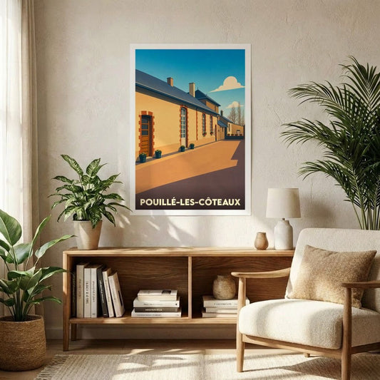 Affiche souvenir de la ville de Pouillé-les-Côteaux avec une illustration stylisée d'un bâtiment baigné de lumière.