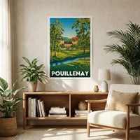 Affiche souvenir de la ville de Pouillenay avec une illustration stylisée de son paysage bucolique.