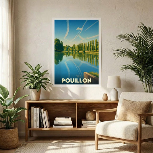 Affiche souvenir de la ville de Pouillon avec une illustration stylisée d'un lac bordé d'arbres.