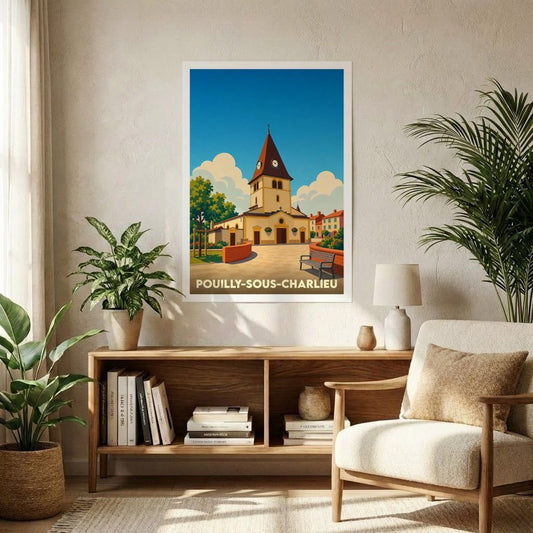 Affiche souvenir de la ville de Pouilly-sous-Charlieu avec une illustration stylisée de son église sous un ciel bleu.