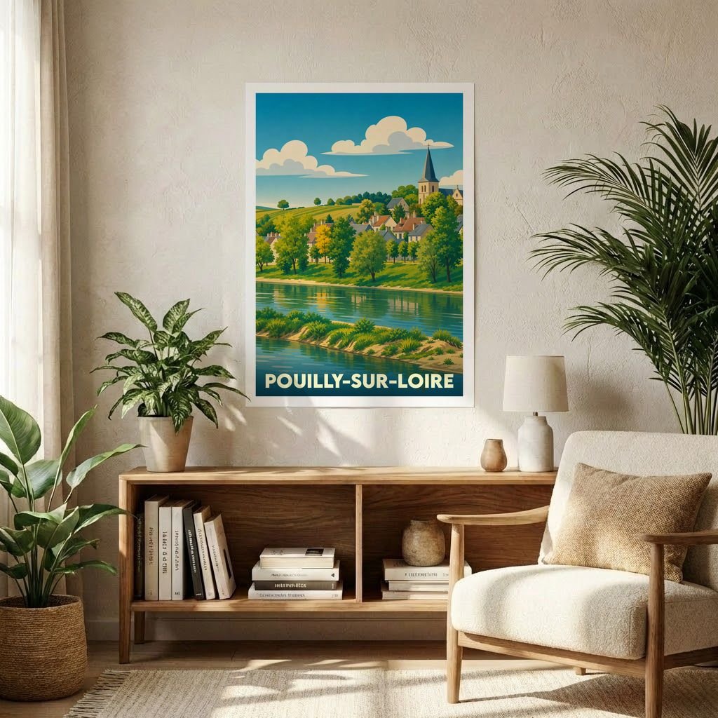 Affiche souvenir de la ville de Pouilly-sur-Loire avec une illustration stylisée des bords de Loire.