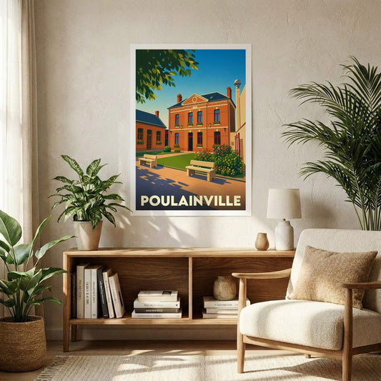 Affiche souvenir de la ville de Poulainville avec une illustration stylisée d'un bâtiment en briques et son jardin.