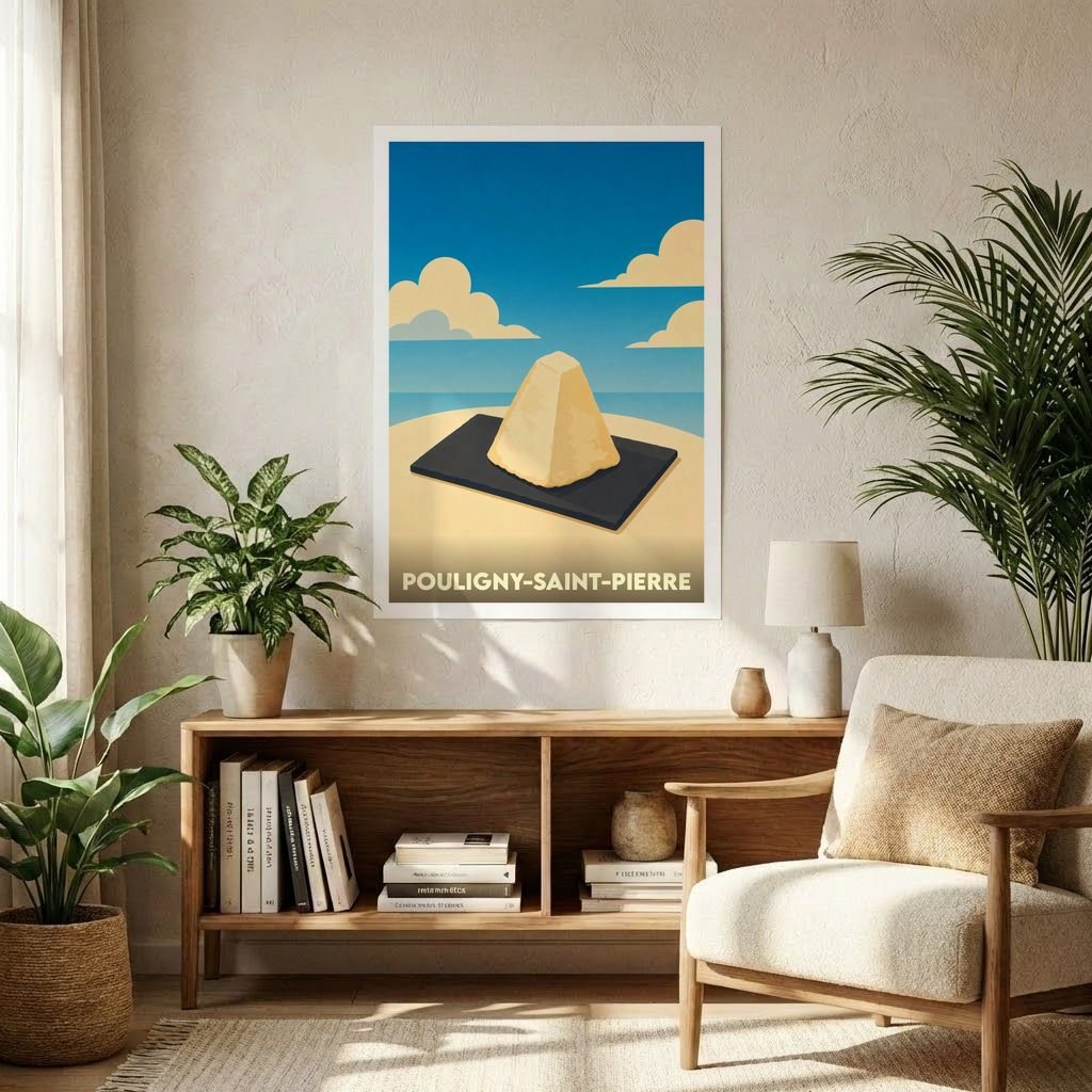 Affiche souvenir de la ville de Pouligny-Saint-Pierre avec une illustration stylisée de son fromage emblématique.