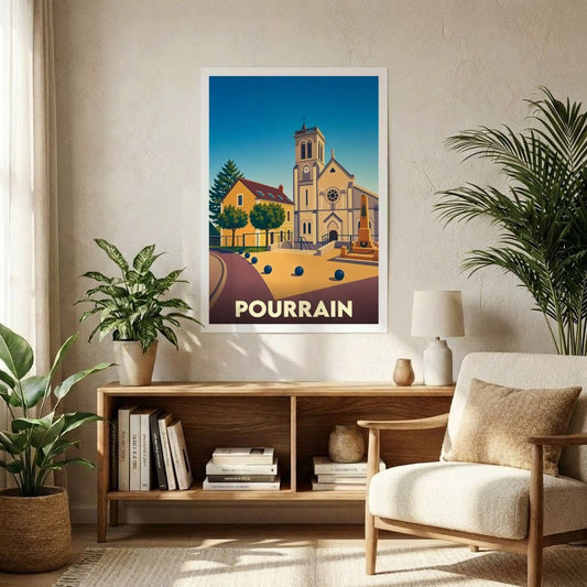 Affiche souvenir de la ville de Pourrain représentant l'église et la place du village dans un style graphique épuré.