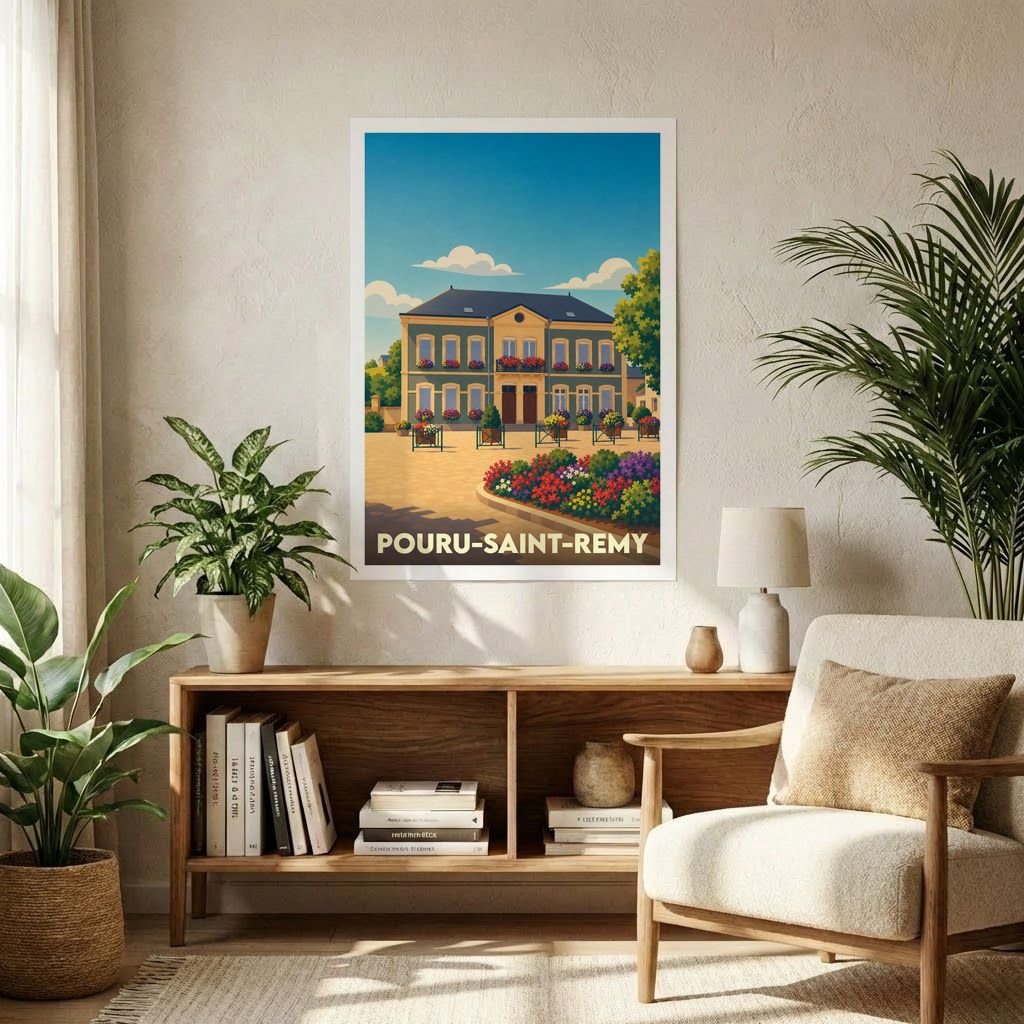 Affiche souvenir de la ville de Pouru-Saint-Remy avec une illustration stylisée d'un bâtiment fleuri.