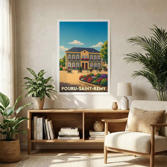 Affiche souvenir de la ville de Pouru-Saint-Remy avec une illustration stylisée d'un bâtiment fleuri.