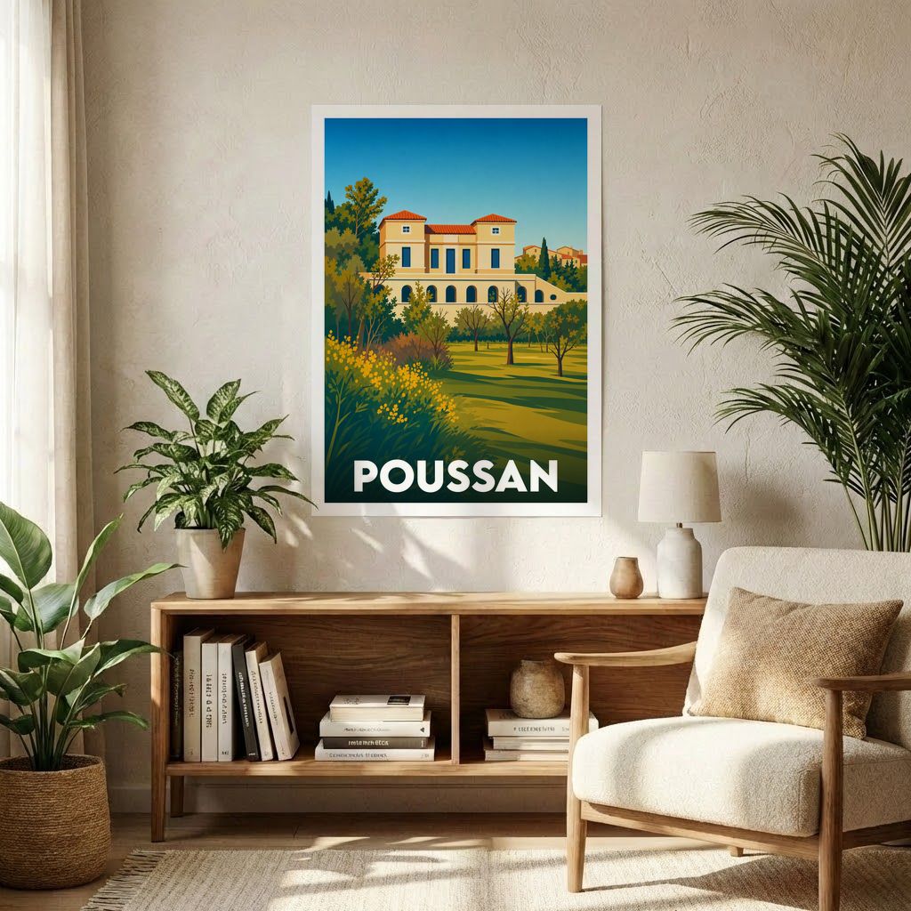 Affiche souvenir de la ville de Poussan avec une illustration stylisée d'une bâtisse provençale.