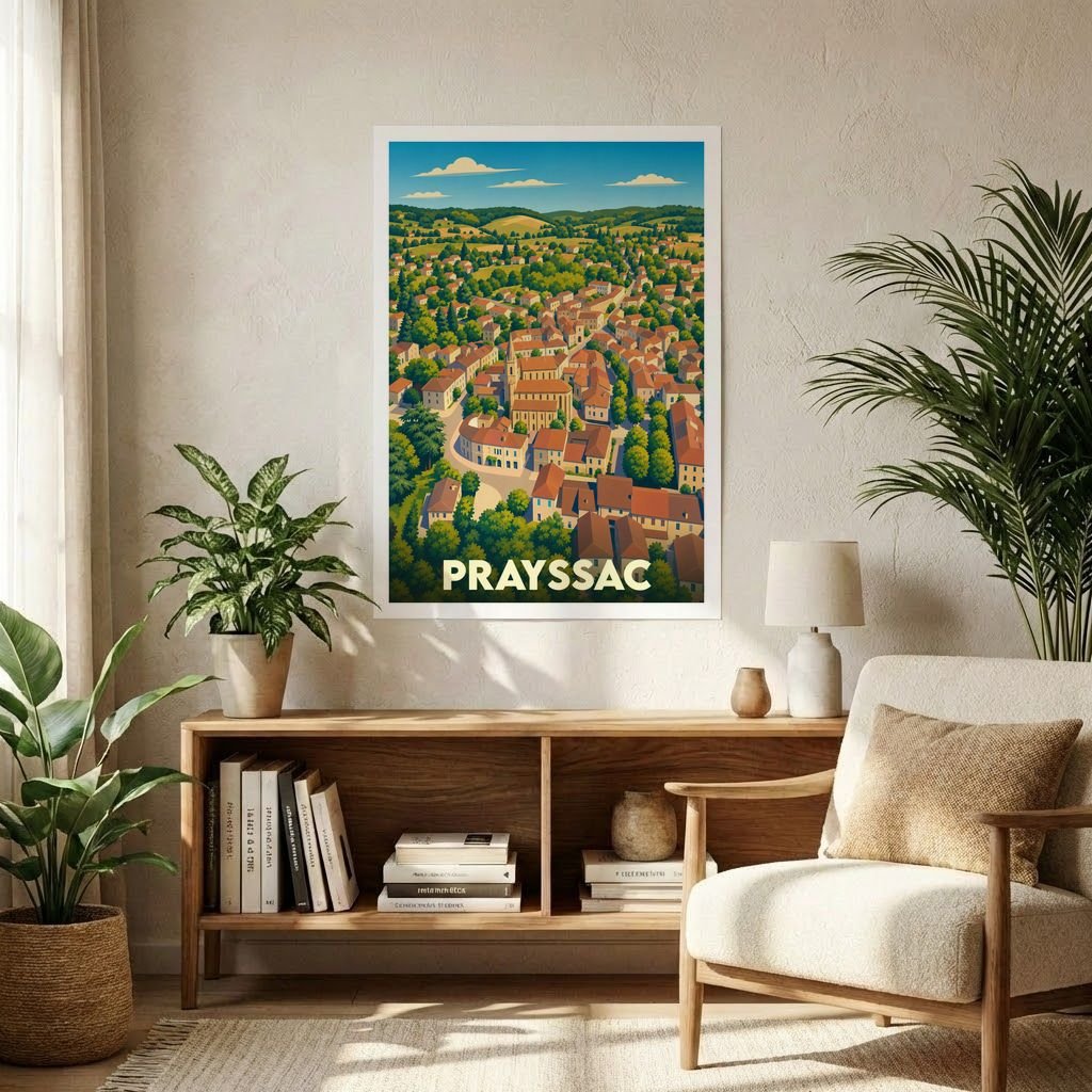Affiche souvenir de la ville de Prayssac avec une illustration panoramique stylisée.
