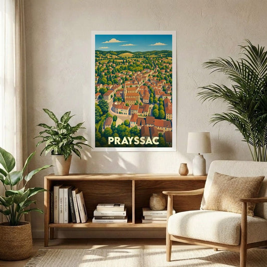 Affiche souvenir de la ville de Prayssac avec une illustration panoramique stylisée.