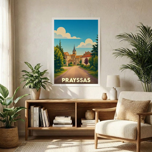 Affiche souvenir de la ville de Prayssas avec une illustration stylisée.