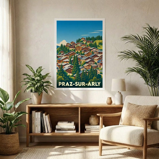 Affiche souvenir de la ville de Praz-sur-Arly avec une illustration stylisée de chalets de montagne.