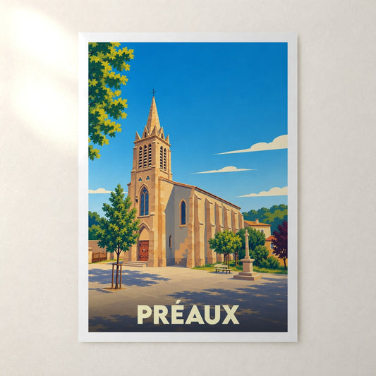 Affiche Préaux (Ardèche) – sans cadre, accrochée au mur