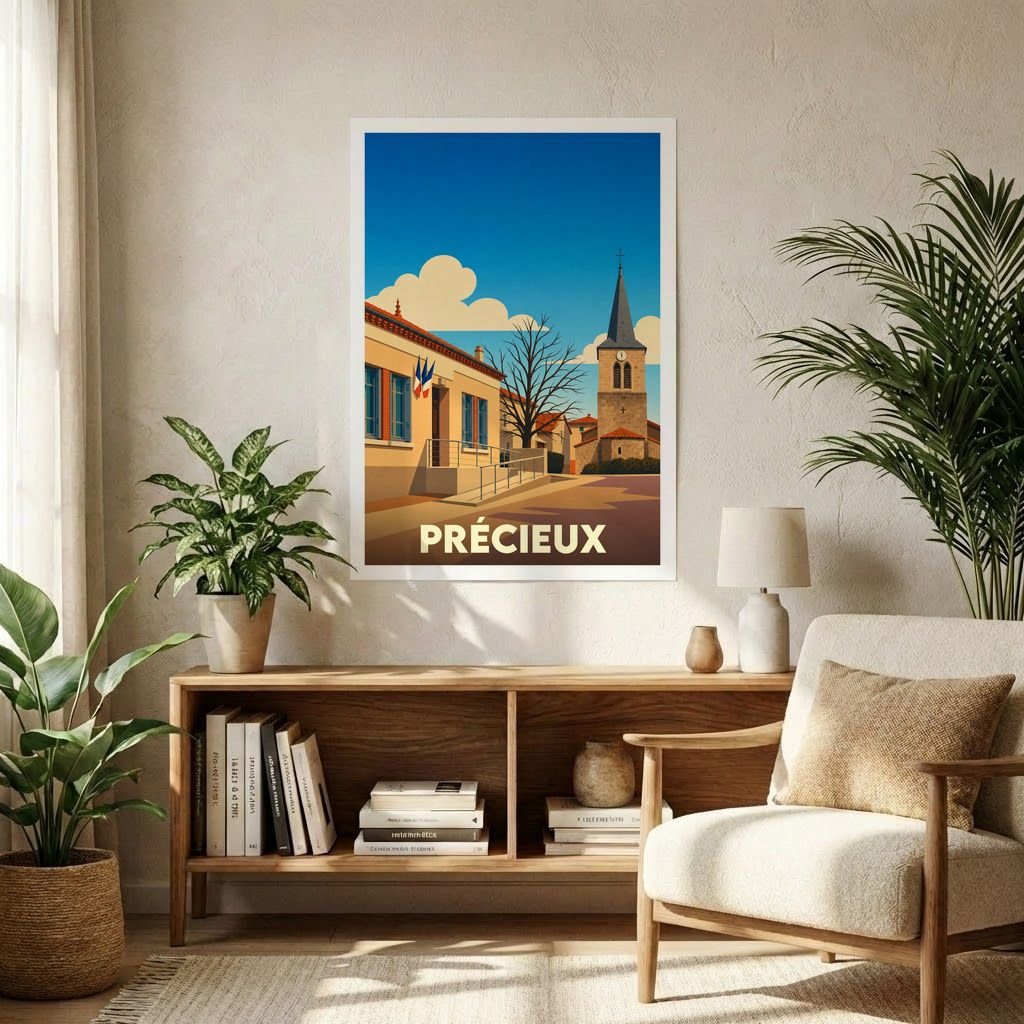 Affiche souvenir de la ville de Précieux avec une illustration stylisée.