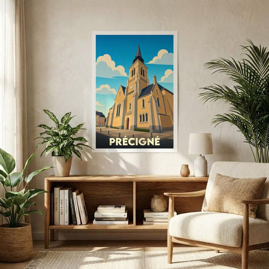 Affiche souvenir de la ville de Précigné illustrant son église dans un style graphique et coloré.