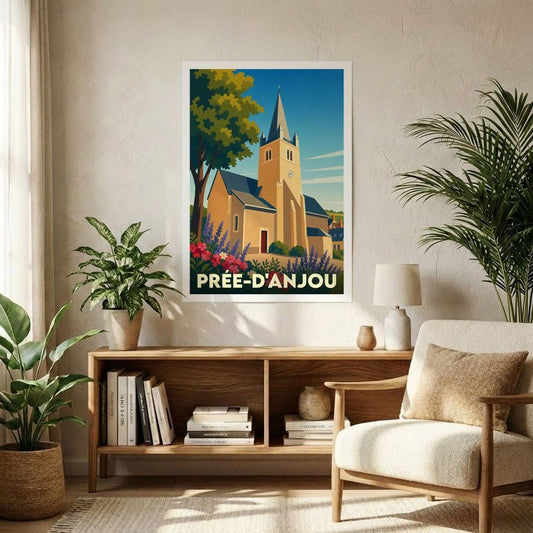 Affiche souvenir de la ville de Prée-d'Anjou avec une illustration stylisée de son église.