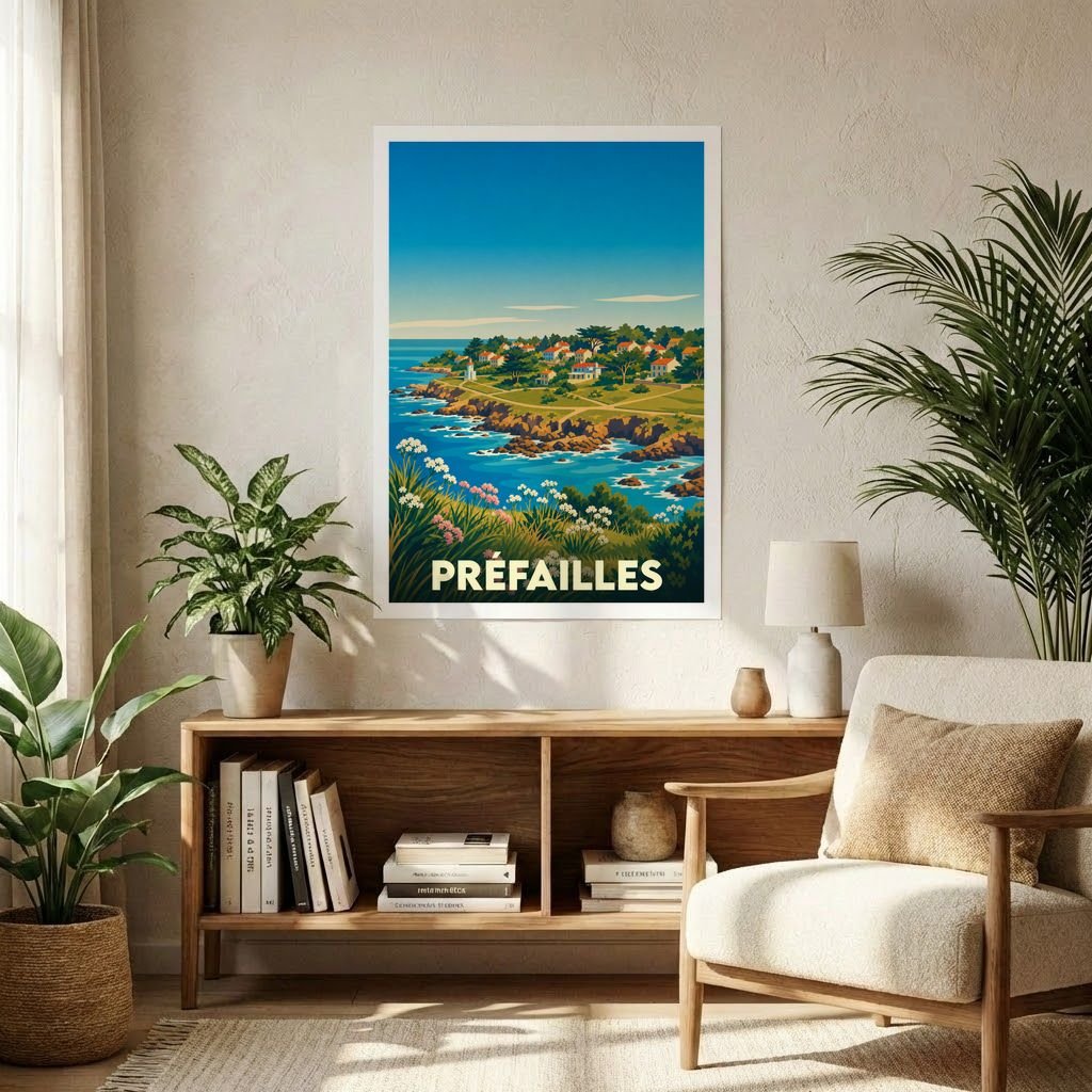 Affiche souvenir de la ville de Préfailles avec une illustration stylisée de sa côte escarpée.