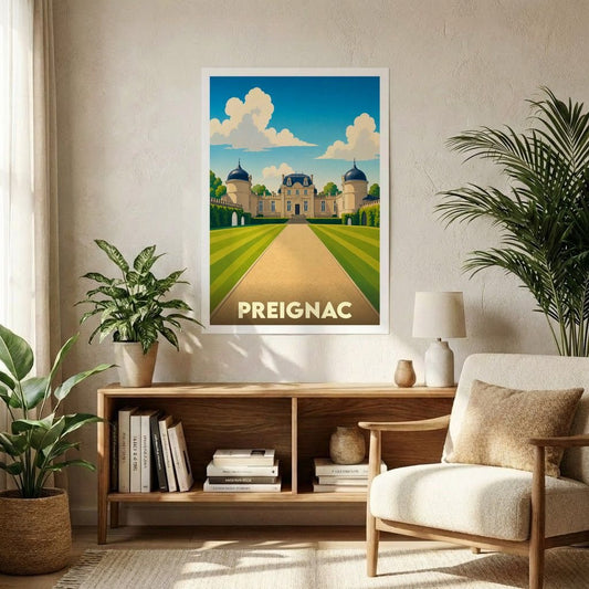 Affiche souvenir de la ville de Preignac avec une illustration stylisée d'un château et de ses jardins.