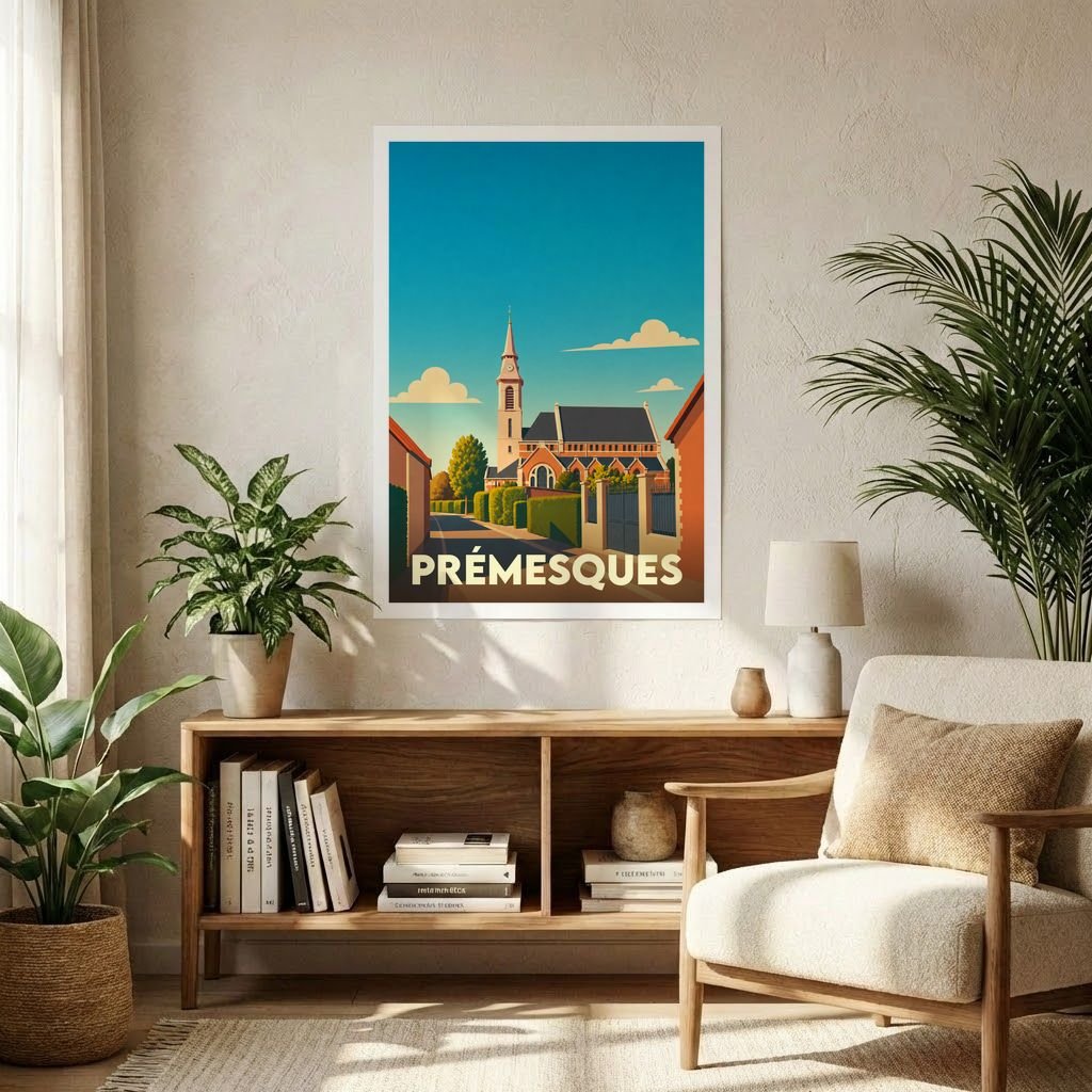 Affiche souvenir de la ville de Prémesques présentant une illustration stylisée de son église sous un ciel azur.