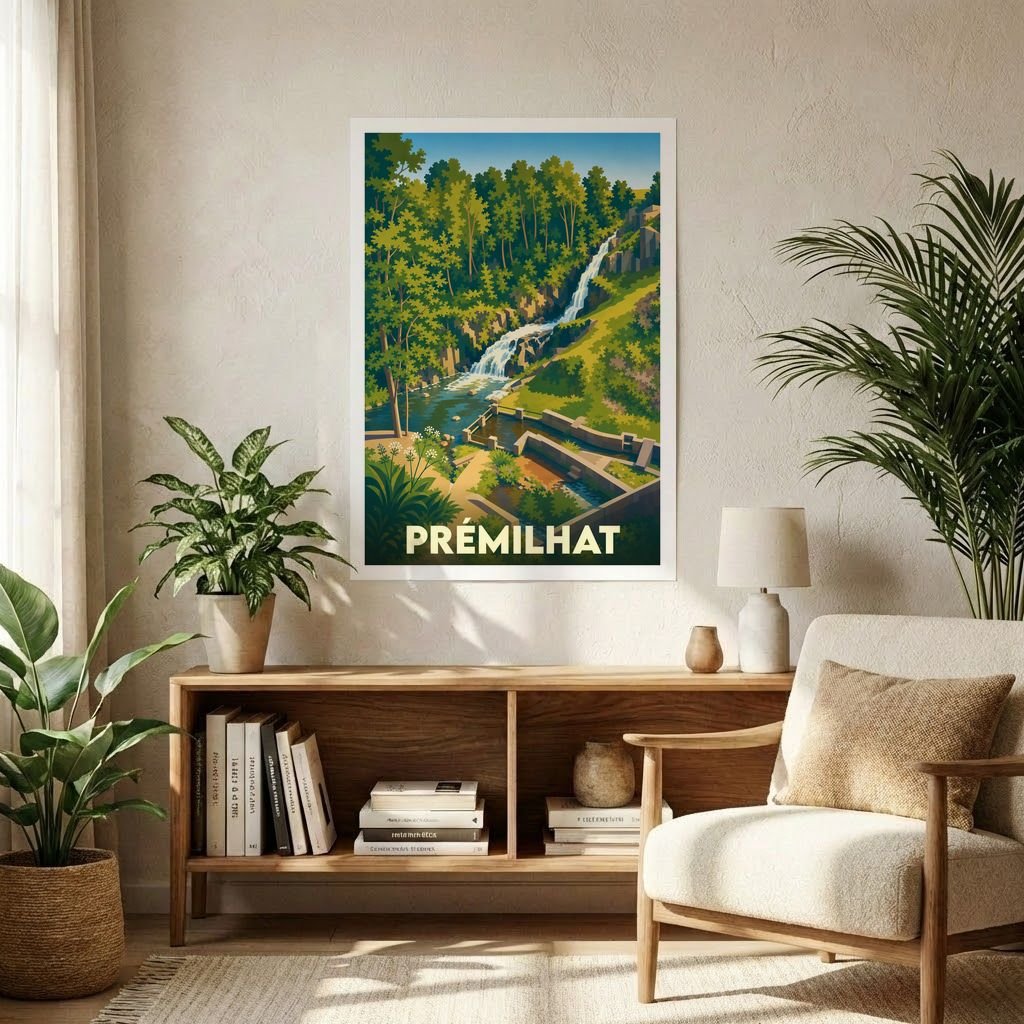 Affiche souvenir de la ville de Prémilhat représentant une cascade et une forêt dans un style graphique rétro.