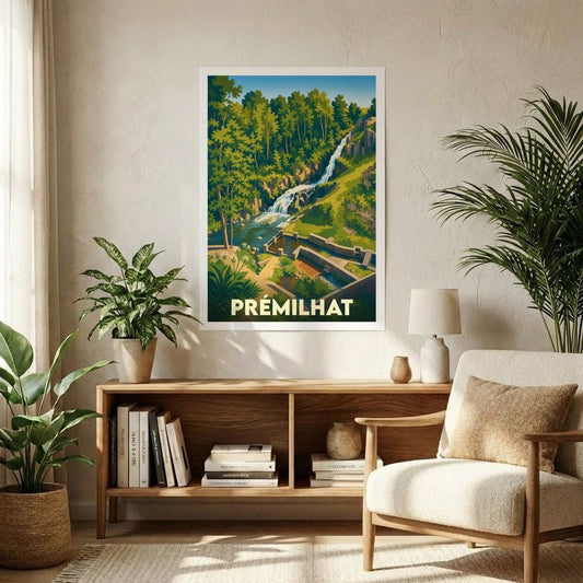 Affiche souvenir de la ville de Prémilhat représentant une cascade et une forêt dans un style graphique rétro.
