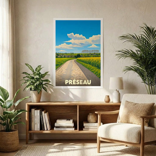 Affiche souvenir de la ville de Préseau avec une illustration stylisée de son paysage champêtre et de ses chemins pavés.