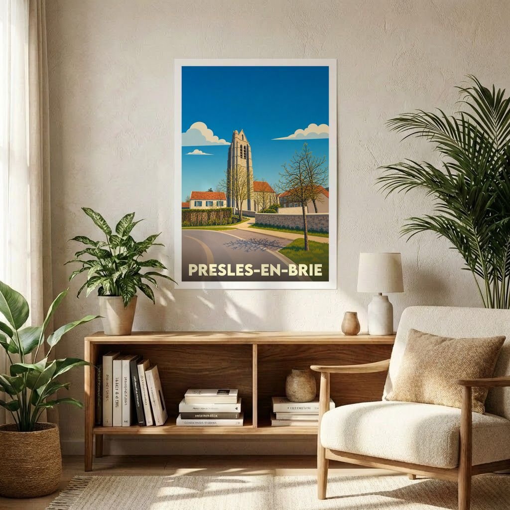 Affiche souvenir de la ville de Presles-en-Brie avec une illustration stylisée.