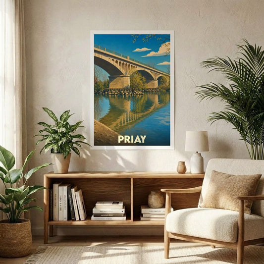 Affiche souvenir de la ville de Priay représentant son pont et ses reflets sur l'eau dans un style graphique rétro.