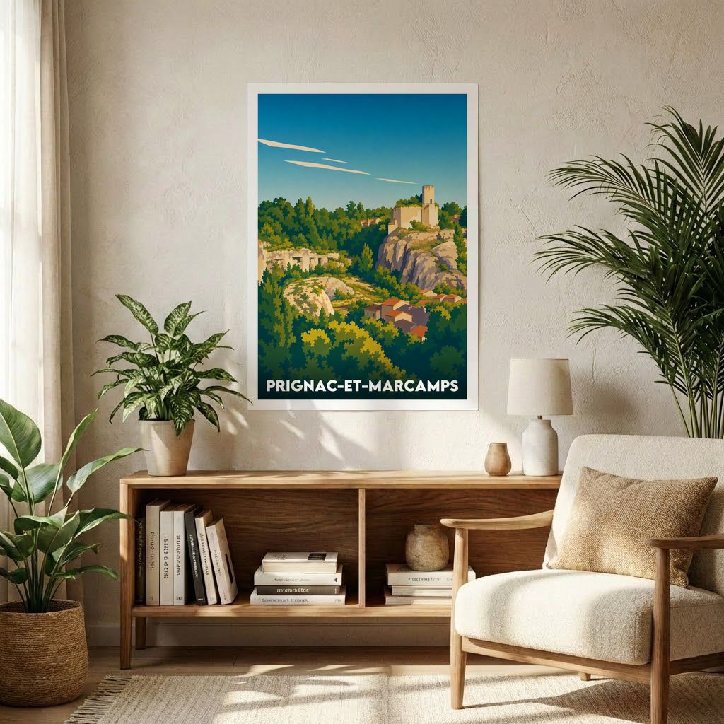 Affiche souvenir de la ville de Prignac-et-Marcamps avec une illustration stylisée de ses paysages de falaises.