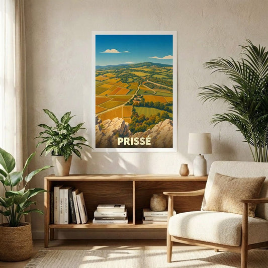 Affiche souvenir de la ville de Prissé représentant un paysage de vignobles dans un style graphique vintage.