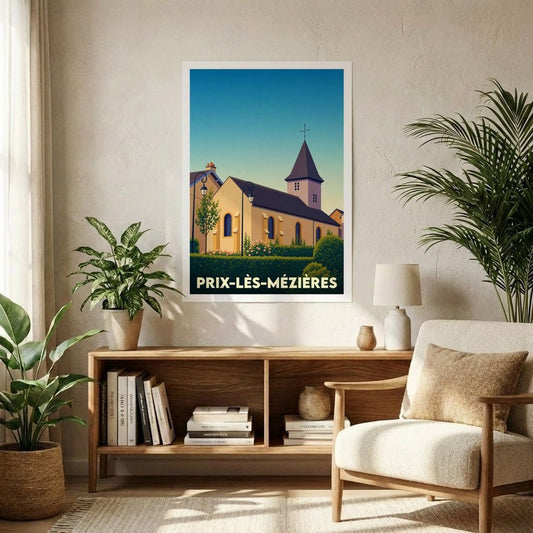 Affiche souvenir de la ville de Prix-lès-Mézières avec une illustration stylisée de son église sous un ciel dégradé.