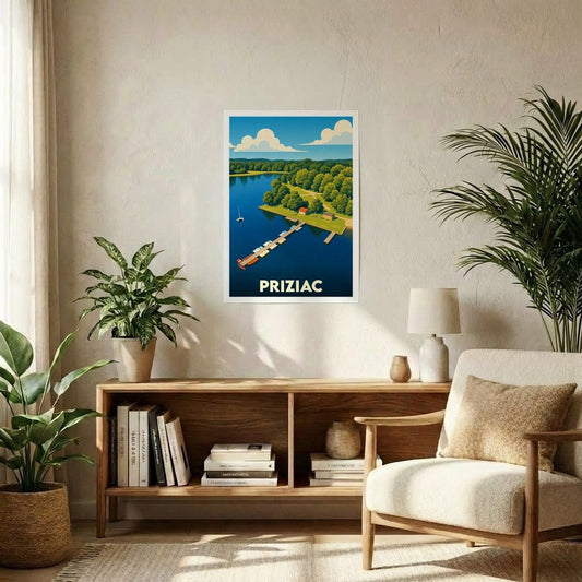 Affiche souvenir de la ville de Priziac présentant une illustration stylisée de son lac et de sa base nautique.