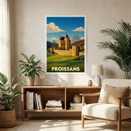 Affiche souvenir de la ville de Proissans représentant son château dans un style graphique vintage.