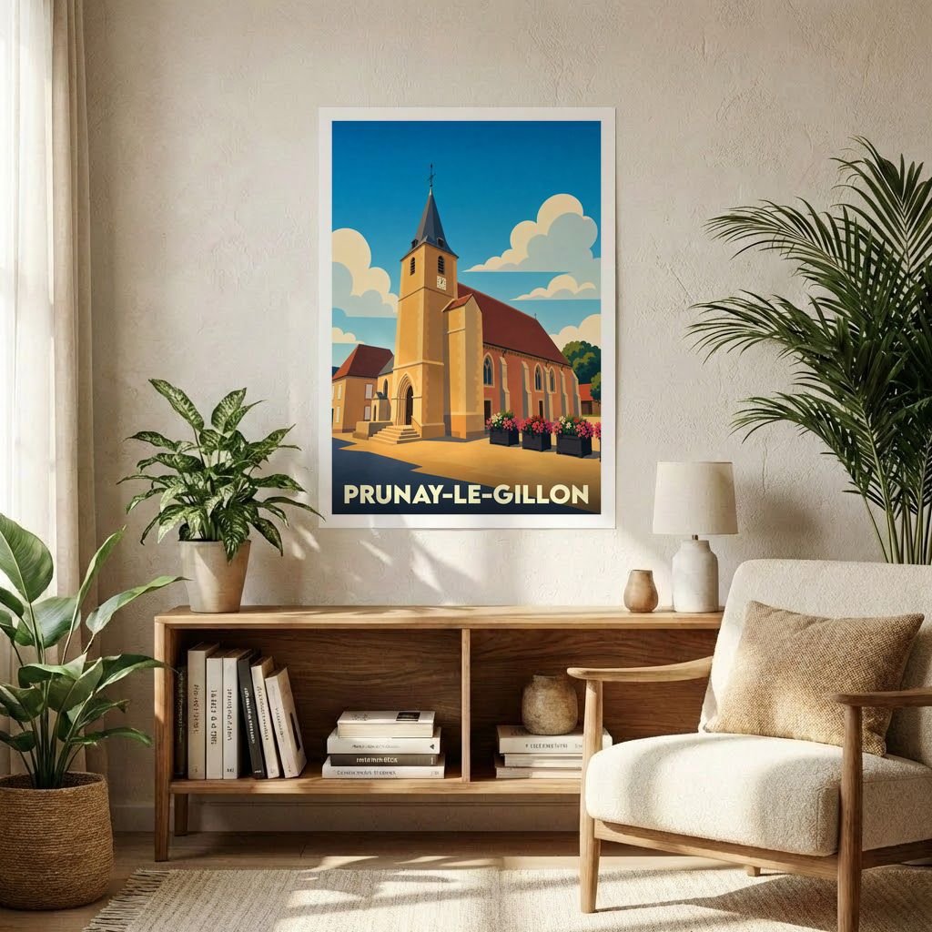 Affiche souvenir de la ville de Prunay-le-Gillon avec une illustration stylisée de son église sous un ciel bleu.