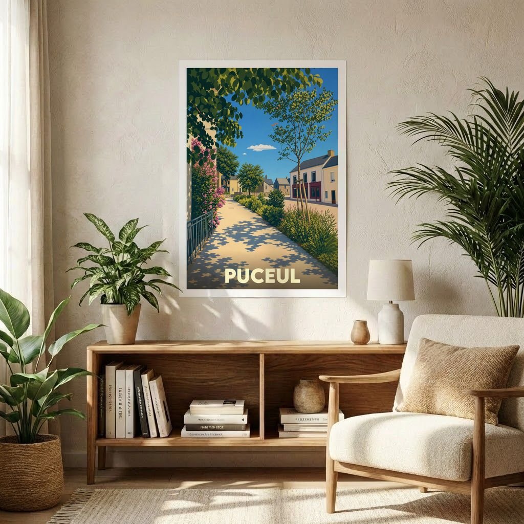 Affiche souvenir de la ville de Puceul avec une illustration stylisée et colorée d'une rue ensoleillée.