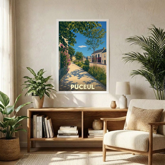 Affiche souvenir de la ville de Puceul avec une illustration stylisée et colorée d'une rue ensoleillée.