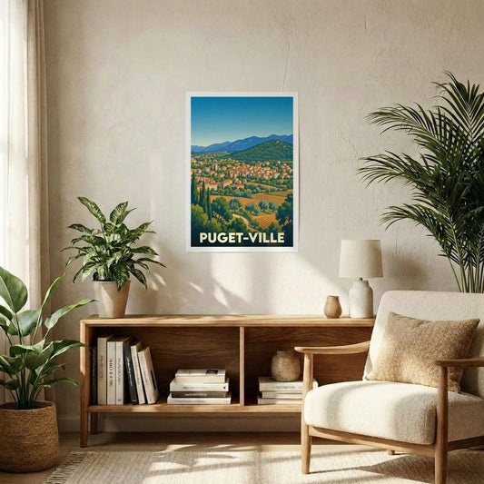 Affiche souvenir de la ville de Puget-Ville avec une illustration stylisée de son paysage provençal.