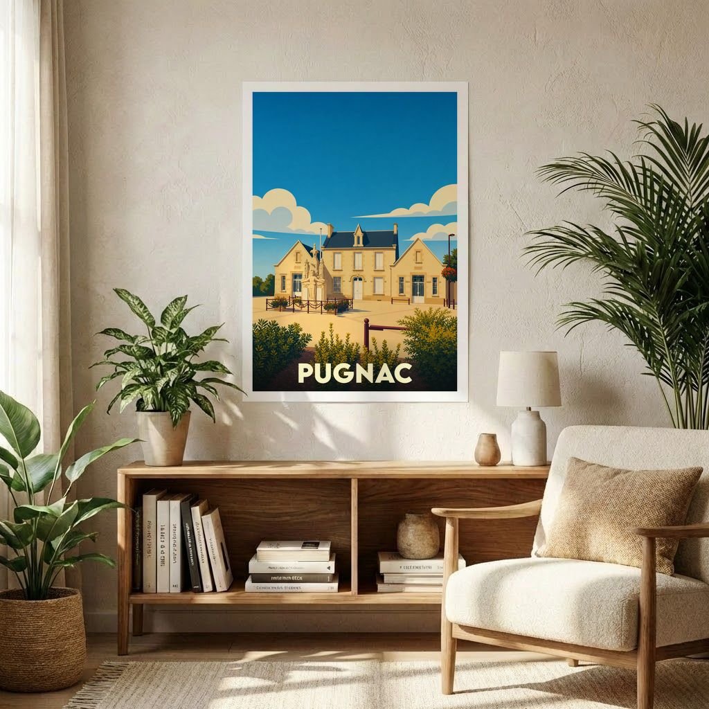 Affiche souvenir de la ville de Pugnac avec une illustration stylisée et colorée de son architecture locale.