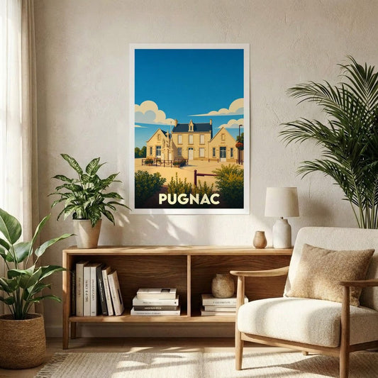 Affiche souvenir de la ville de Pugnac avec une illustration stylisée et colorée de son architecture locale.