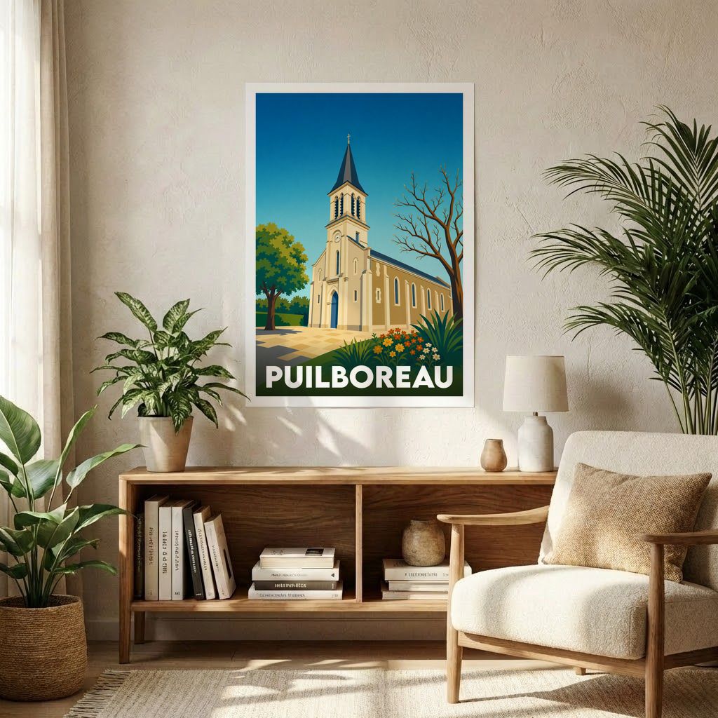 Affiche souvenir de la ville de Puilboreau avec une illustration stylisée de son église.