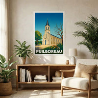 Affiche souvenir de la ville de Puilboreau avec une illustration stylisée de son église.