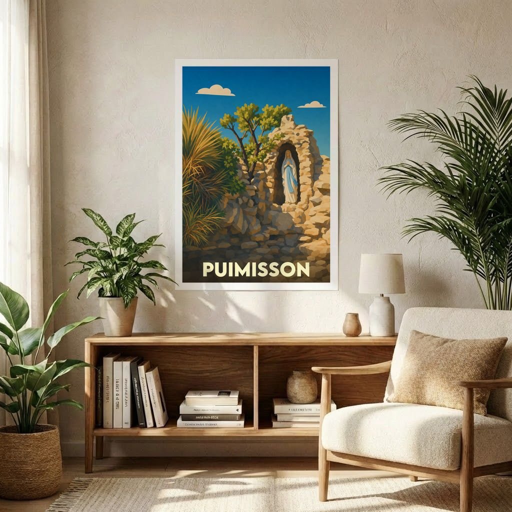 Affiche souvenir de la ville de Puimisson représentant une statue de la Vierge Marie dans une grotte de pierre.