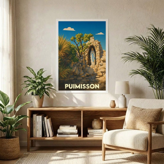 Affiche souvenir de la ville de Puimisson représentant une statue de la Vierge Marie dans une grotte de pierre.