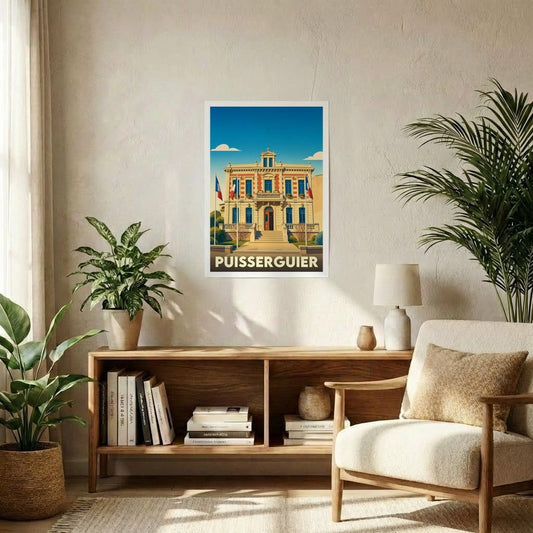 Affiche souvenir de la ville de Puisserguier avec une illustration stylisée de son hôtel de ville.