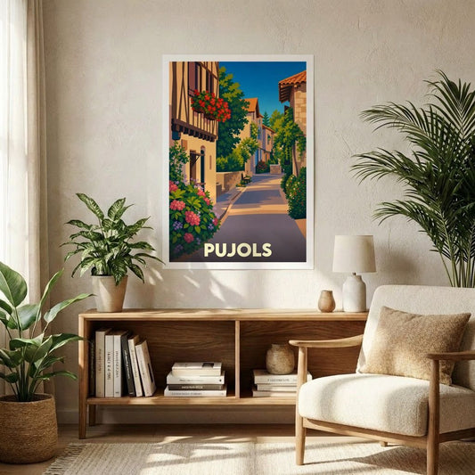 Affiche souvenir de la ville de Pujols présentant une illustration stylisée d'une rue ensoleillée et fleurie.