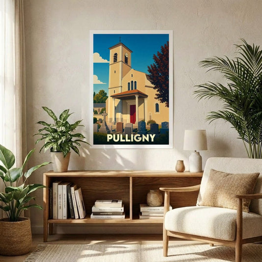 Affiche souvenir de la ville de Pulligny représentant son église et son cimetière dans un style graphique épuré.